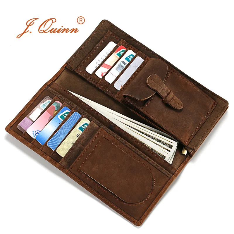 

J.Quinn Men's Leather Wallet Long Retro Crazy Horse 11 Cards Coin Case Zipper Pocket Mens Clutch Purse Bag Bifold Cow Male Walet