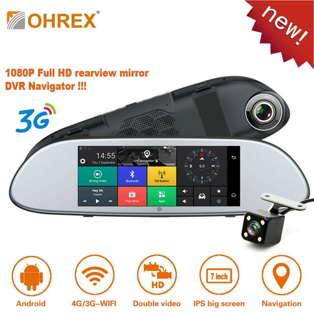 OHREX T3 Видеорегистраторы для автомобилей 7 дюймов Full HD Android зеркалом заднего вида