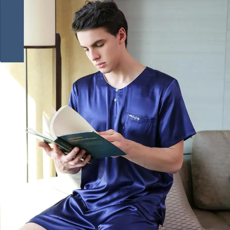 O Neck Summer Pijamas Men Three Quarter Sleeve Sexy Pajamas For Men Silk Pajama Suit Silk Men Pijama Sleep Clothes Man 21017