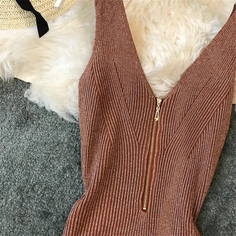 Тонкий сексуальный молния с v образным вырезом Лето Полосатый Принт Knit Midi длинное