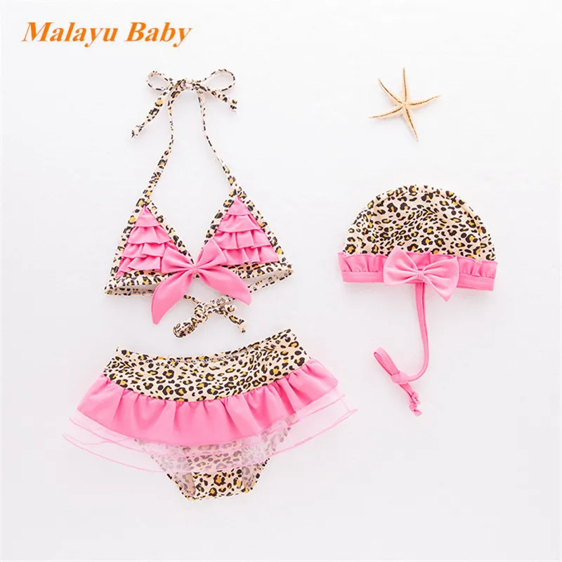 

MALAYU BABY Toddler Girls Clothing Swimsuit 3 Pcs Cute Child Leopard Print Bowknot Ruffle Bikini Swimming Costume Set 2-6 Years