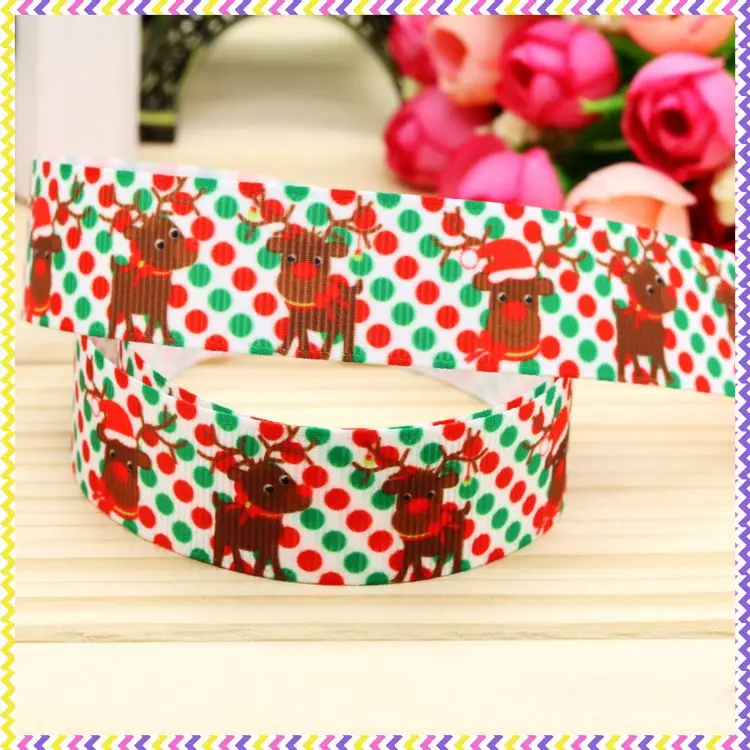 

7/8inch Free Shipping Christmas Deer Printed Grosgrain Ribbon material Headwear Party Decoration Diy Wholesale Craft 22mm P4802