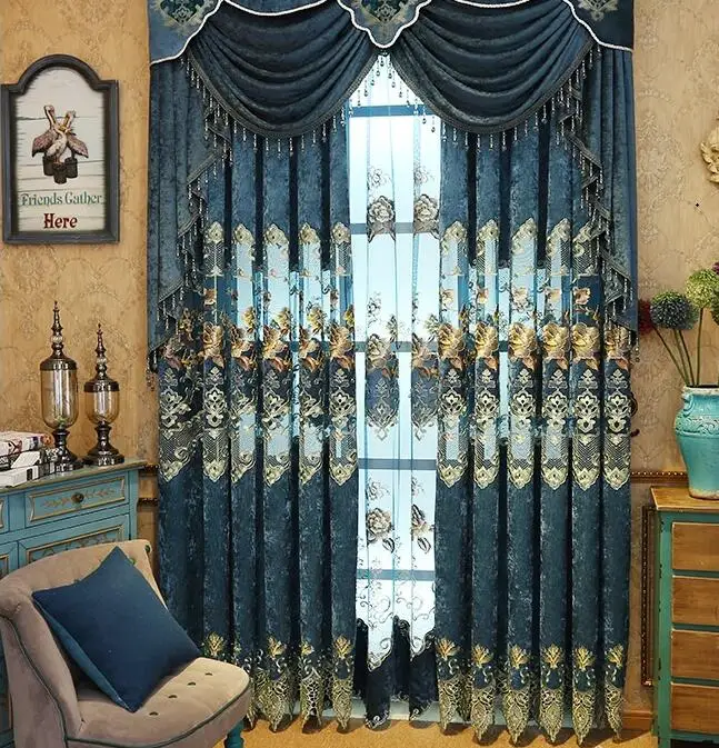 

European style Upmarket chenille embroidered curtain Retro court spun gold embroidery tulle curtain living room
