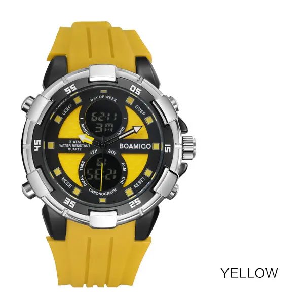 yellow Мужские часы BOAMIGO, спортивные цифровые часы, светодиодный дисплей, резиновый ремешок, наручные часы 30 м, водонепроницаемые часы с датой и неделей, Желтые часы в подарок - Цвет: yellow