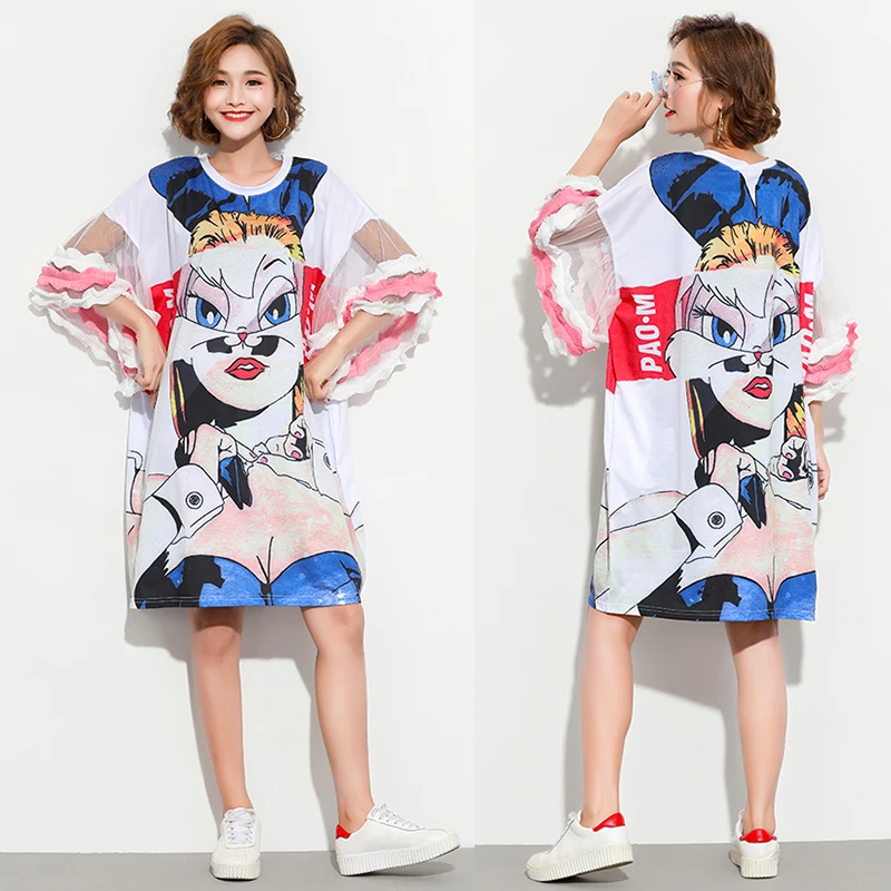 Harajuku новое летнее платье женское с принтом из мультфильма круглым вырезом