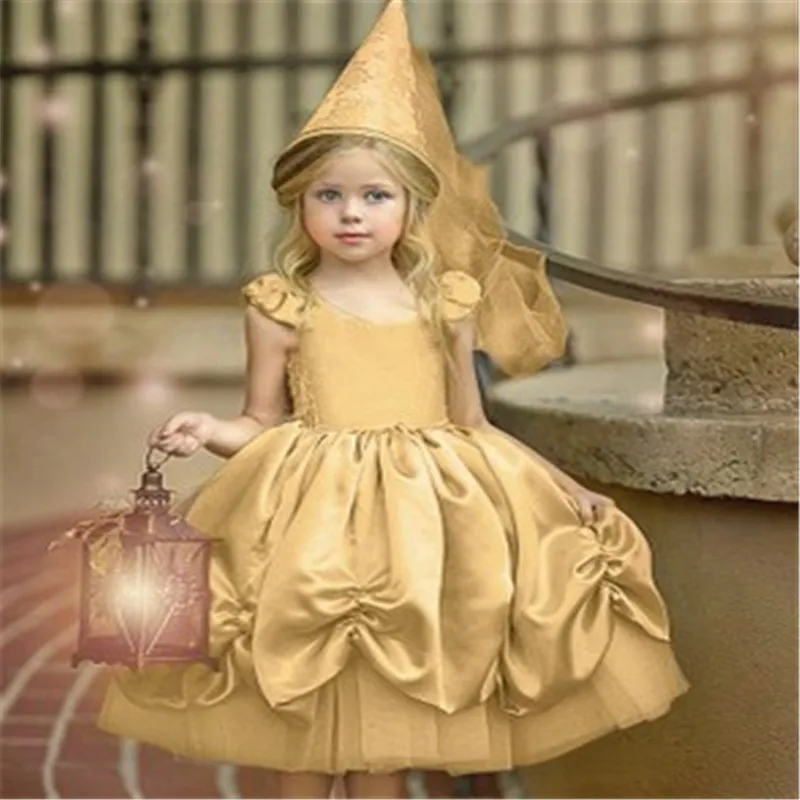 Baby Flower Girl Dress yellow flying sleeve strap Lace Tulle Party Gown Princess Wedding Bridesmaid Birthday | Детская одежда и