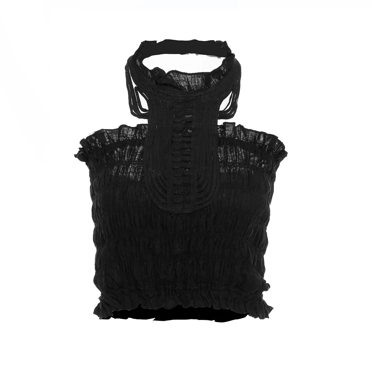 GETSPRING Women Crop Top Ruffles Sleeveless Cotton Off Shoulder Crop Tops Black Sexy Hollow Out Summer Top Women Fashion