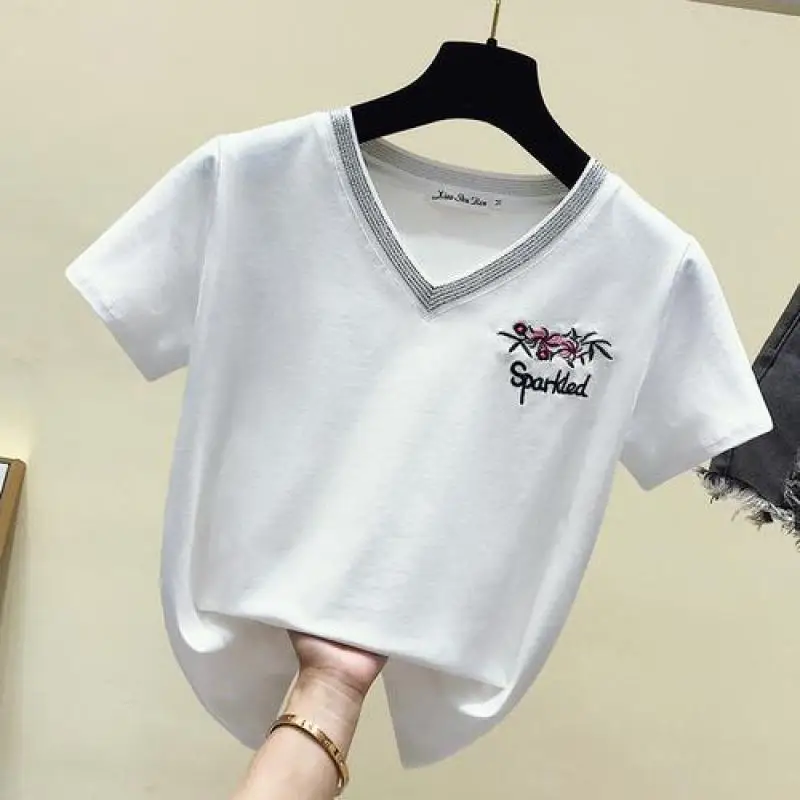 New Fashion Females Bright Wire V-Neck Short Sleeve T-Shirts 2019 Summer Womens Trend Alphabetical Embroidery White Tops | Женская