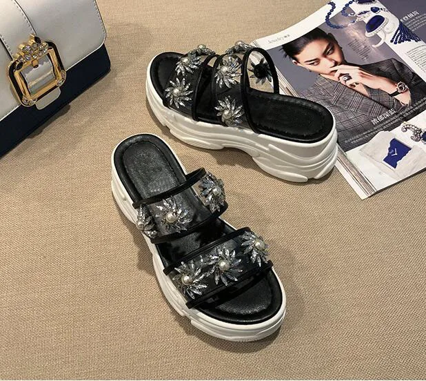 

VIISENANTIN thick-bottomed muffin sandals slippers female 2019 summer rhinestone pearl film sun flower crystal slippers