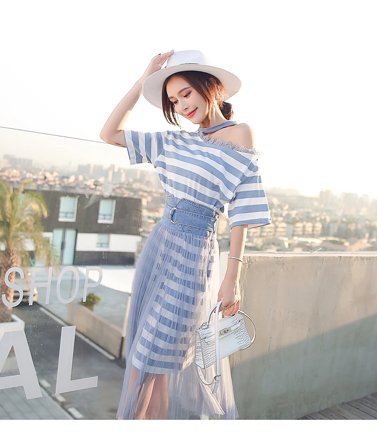 Полосатые Лоскутные кружевные футболки с открытыми плечами + джинсовые сетчатые