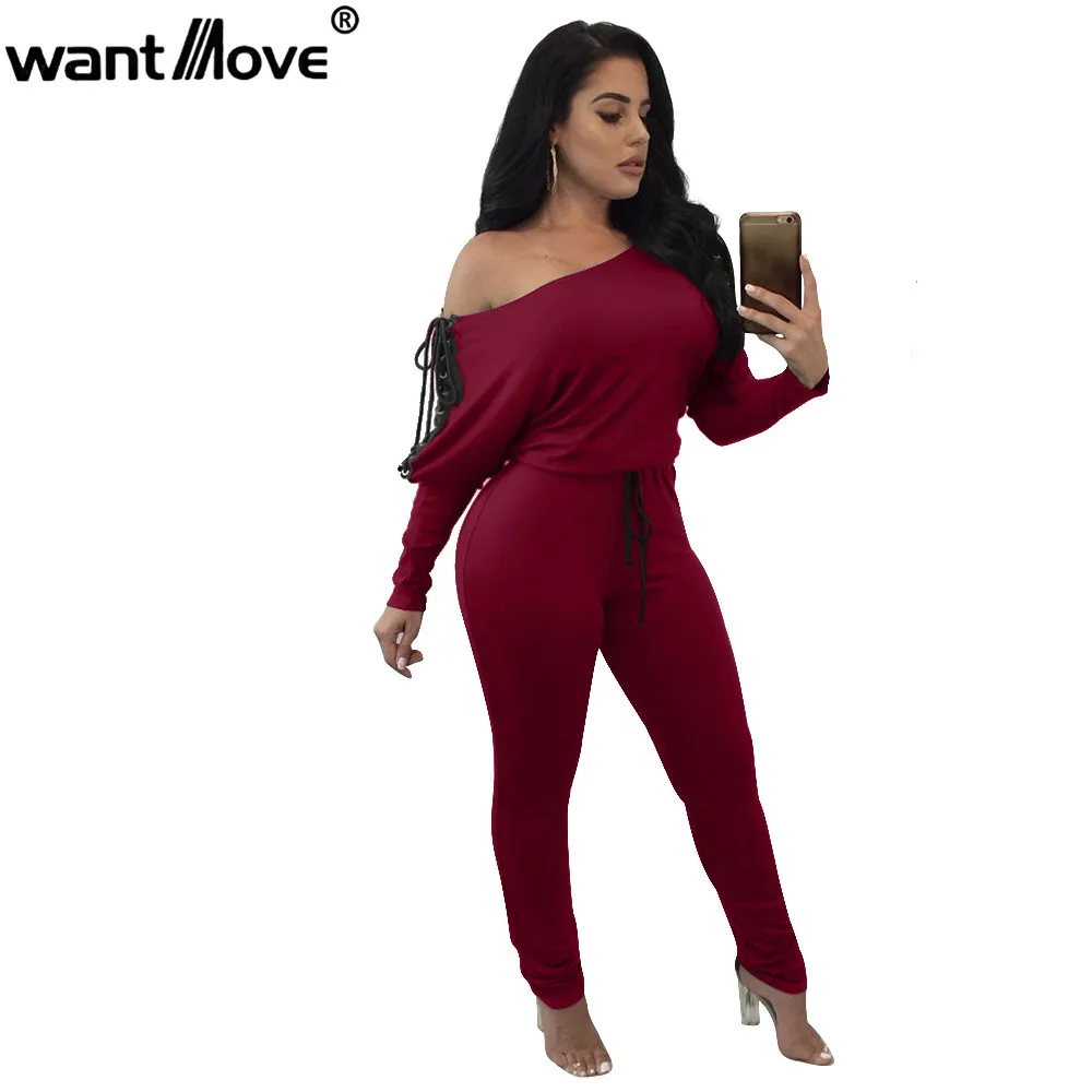 wine red Wantmove Осень Зима Мода с плеча двойной шнуровкой женский комбинезон боди с длинным рукавом Комбинезоны JZ098 - Цвет: wine red