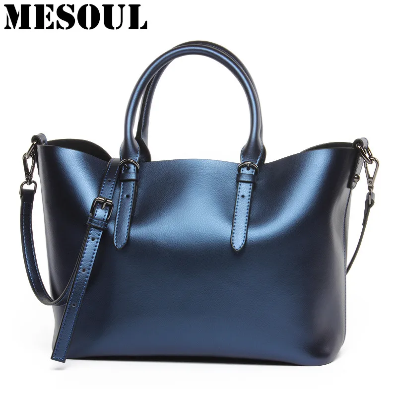 Luxury Design Women's Genuine Leather Casual Tote Purse Fashion Shoulder Handbag Ladies Blue Large Capacity Shopping Bag Bolsos