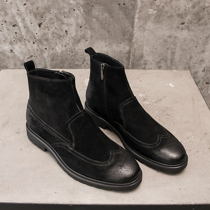 Handmade Men Cow Suede Leather Chelsea Boots Ankle Luxury Trainers Spring Wedding Shoes Zip Male Business Casual | Обувь