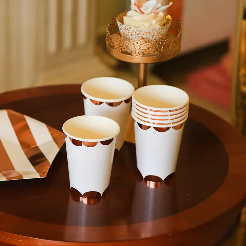 8PC/Bag Gold Stripe Pattern Birthday Wedding Party Disposable Cup Fruit Grill Paper Tableware Theme Cake Round Dish Dot | Дом и сад