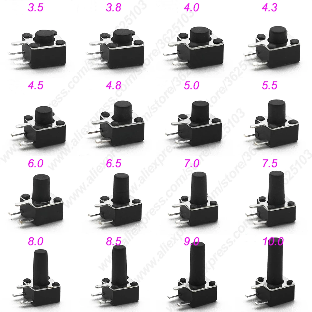 

1000PCS/LOT Side 3PIN DIP 4.5X4.5X3.5/3.8/4.0/4.3/4.5/4.8/5/5.5/6/6.5/7/8/10MM Tactile Push Button Switch Momentary Tact Switch
