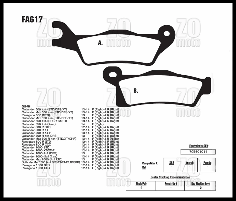 Тормозные колодки для мотоцикла FA617 подходят переднего CAN AM OUTLANDER L 450 EFI 800R XT 1000 STD|pad