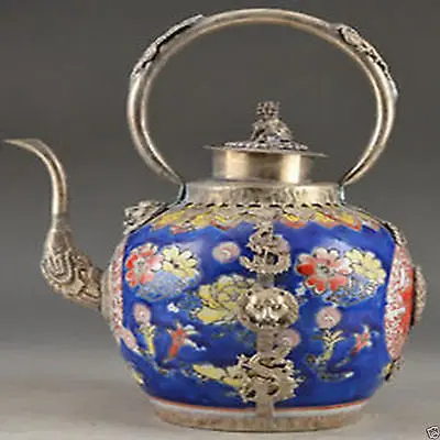 

Porcelain Copper Chinese Old Handwork Carving Lion Dragon Tea Pot Garden Decoration 100% real Tibetan Silver Brassroom Art