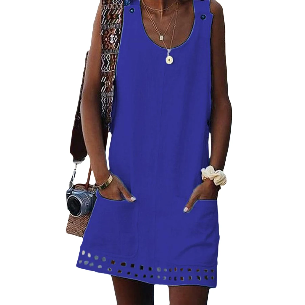 Женское хлопковое льняное платье летнее без рукавов с карманами и пуговицами