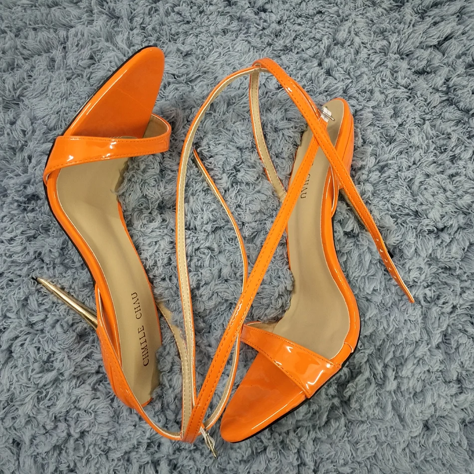 

Women Stiletto Thin Iron High Heel Sandals Sexy Ankle Strap Buckle Open Toe Orange Patent Party Bridals Ball Lady Shoes 3845-i11