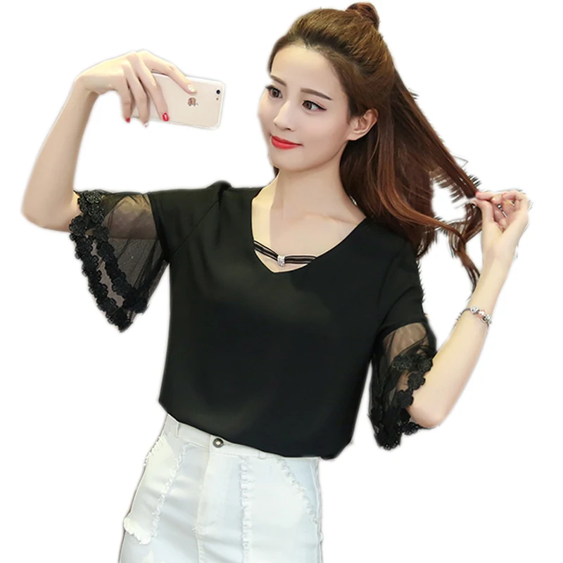 

Женская шифоновая блузка с рукавами-бабочками, элегантная сетчатая Блузка с V-образным вырезом, корейский стиль, на лето