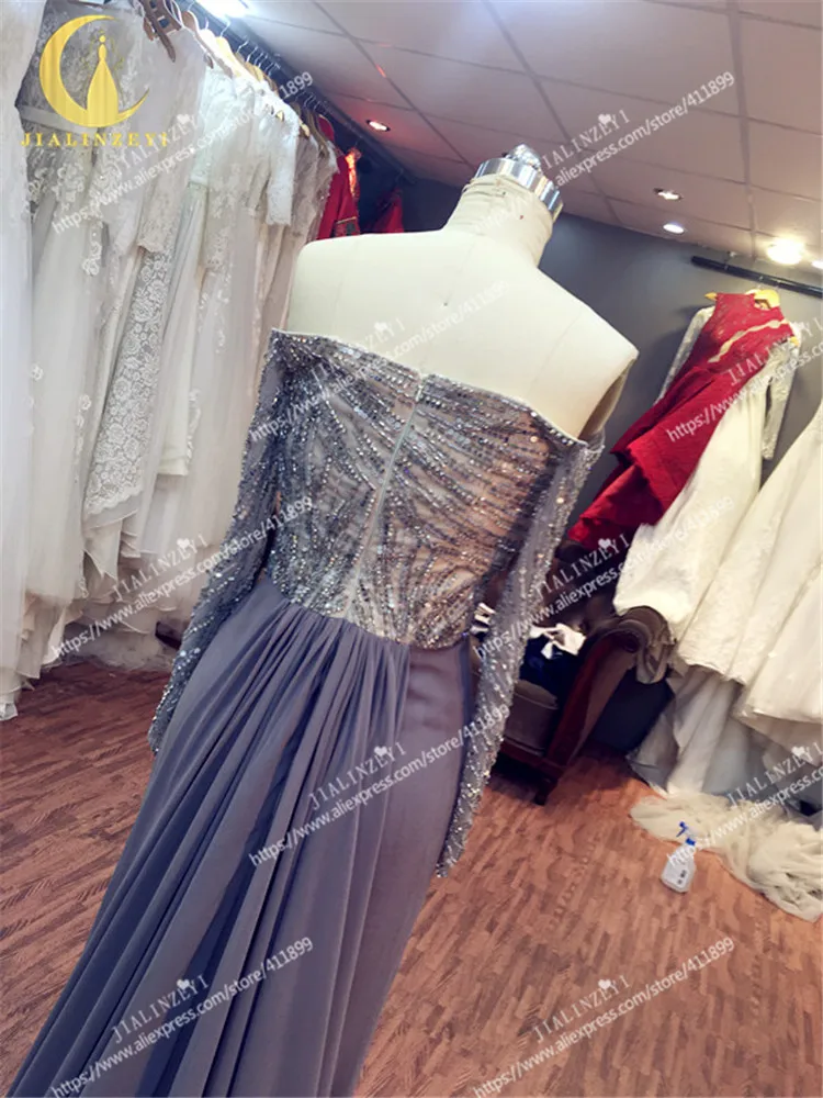 JIALINZEYI New Sexy Boat Neck Grey Long Sleeves Beads Sequins Chiffon Slit Mermaid Party Formal Dresses  Evening Dresses 2020
