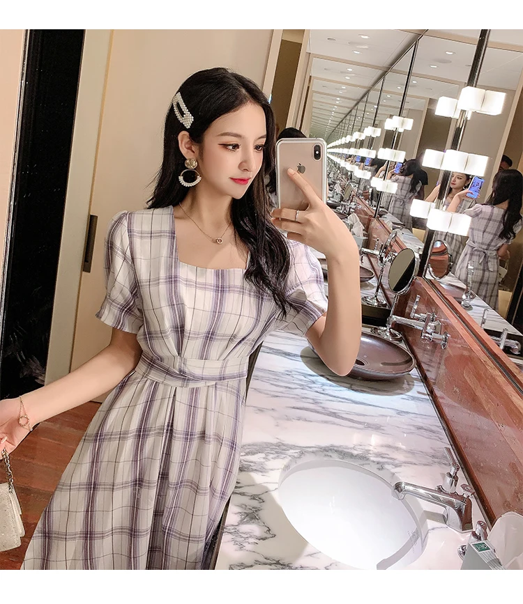 New French retro square collar plaid short sleeved ribbon dress summer waist woman A word big dress dress belt various methods