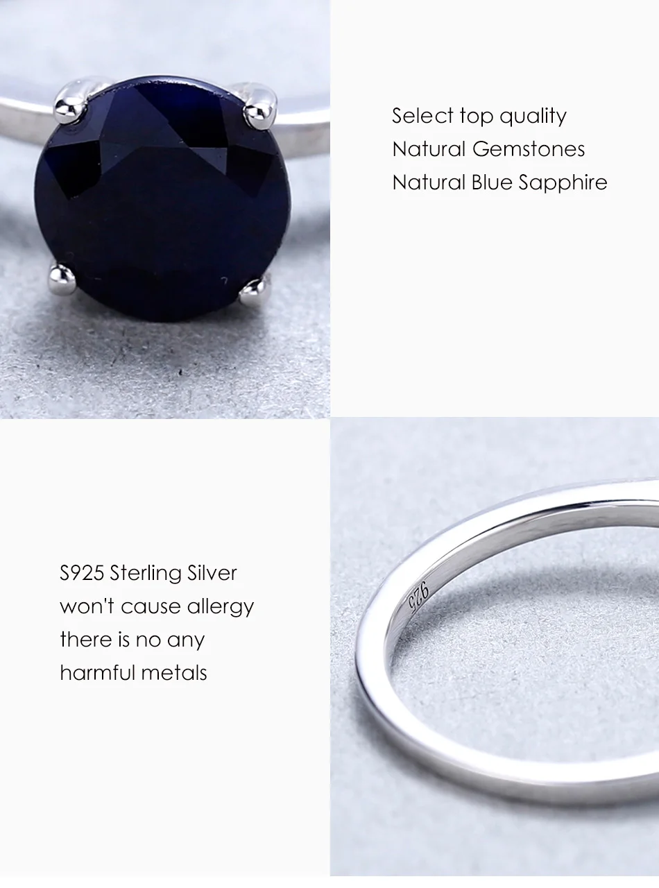 GEM'S балетные 2.57Ct круглые обручальные кольца с натуральным синим сапфиром 925 пробы Серебряное кольцо для женщин