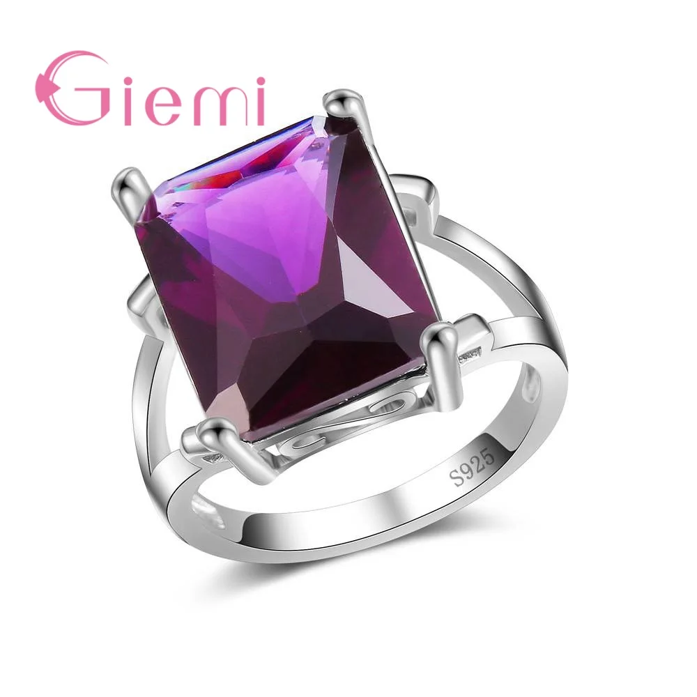 

Genuine 925 Sterling Silver Women Rings Purple AAA Cubic Zircon Prong Setting Female Party Jewelry Rectangle Female Anel