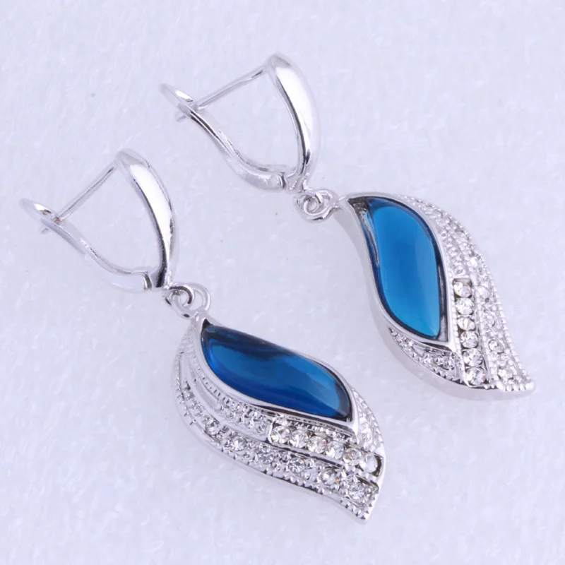 Love Monologue Charm Leaf Shaped Blue Cubic Zirconia 925 Stamp Silver Color Drop Earrings for Wedding Free Gift Bag J0498 | Украшения и