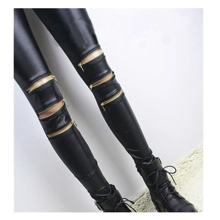 Женские леггинсы с тремя молниями лоскутные в стиле панк рок обтягивающие брюки