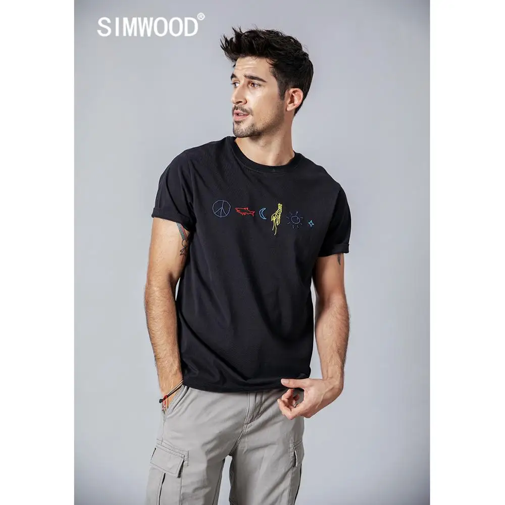SIMWOOD 2019 летняя новинка футболка для мужчин забавная с вышивкой 100% хлопок топы
