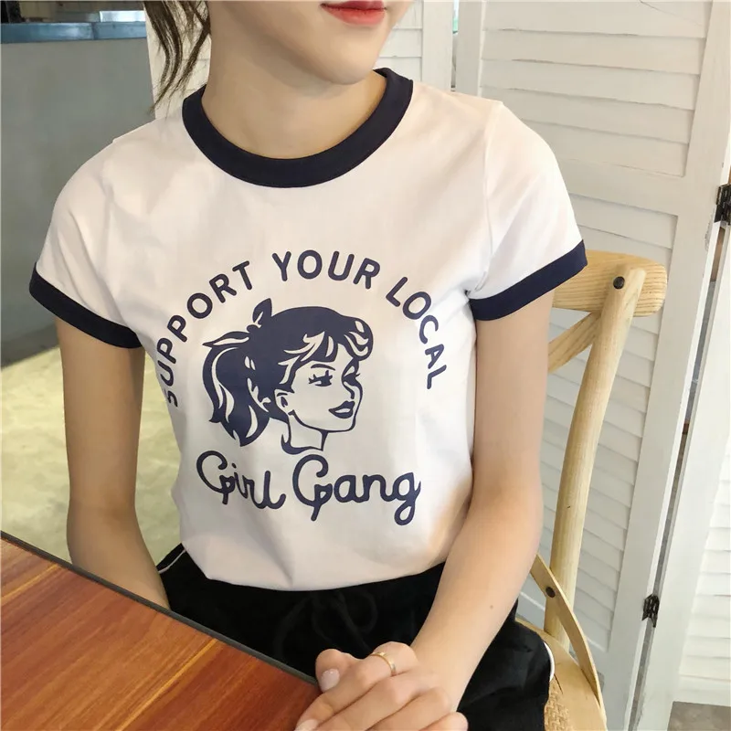 Support your local Girl gang fashion print Harajuku female shirt New Summer Retro Ulzzang Casual Kawaii tops cotton women | Женская