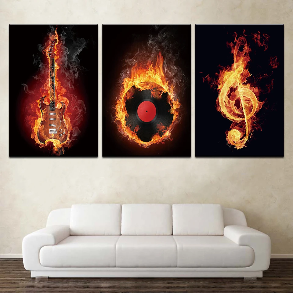 3 предмета Wall Art Изображение пламя игровая музыка гитара холст для живописи
