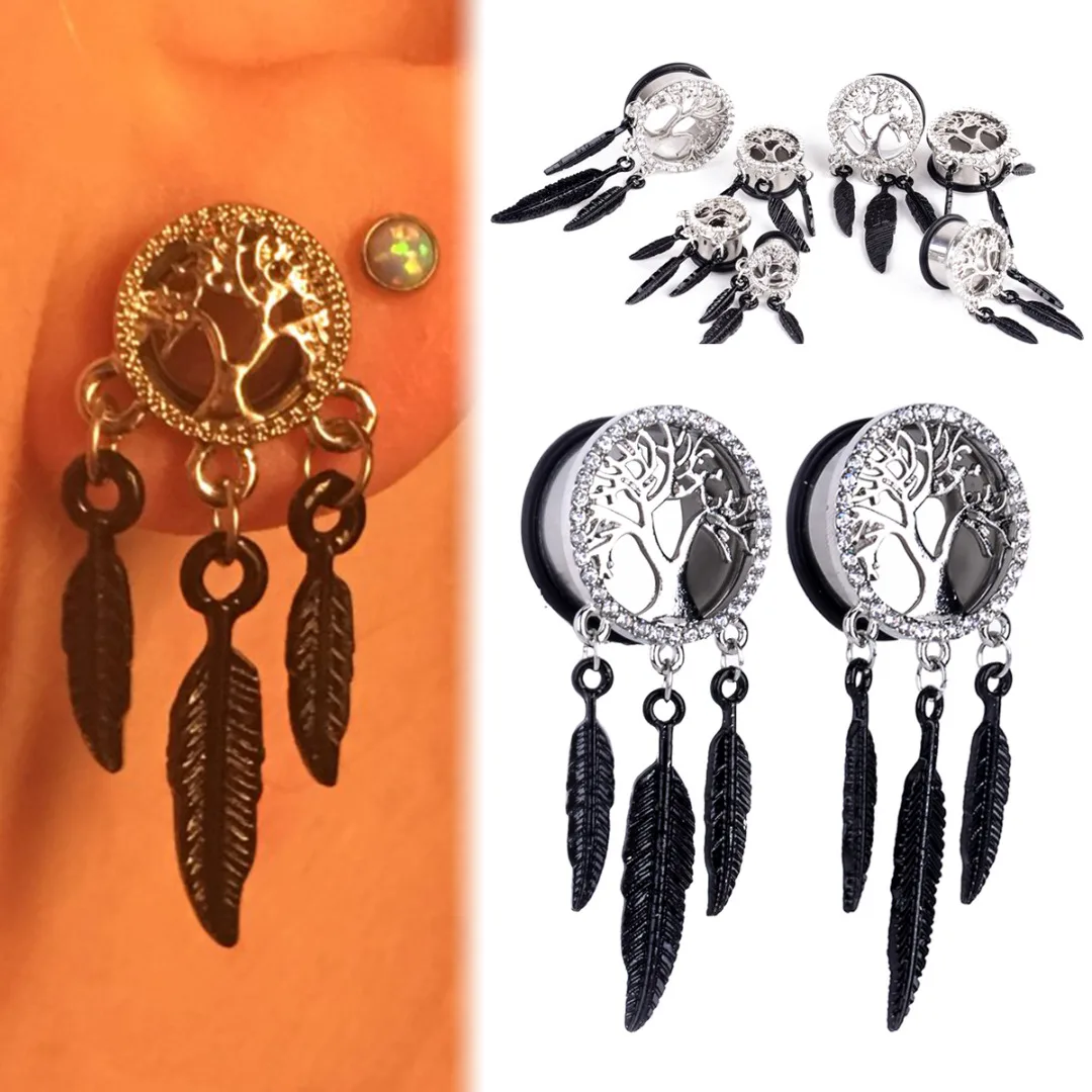 1 Pair Surgical Steel Crystal Tree of Life Feather Dangle Ear Plugs Saddle Flesh Tunnel Gauge Expander Body Piercing Jewelry|Украшения