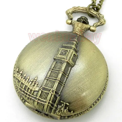 

Vintaeg Antique Bronze Big Ben London Quartz Men Pocket Watch Chain Necklace Pendant Gift P82