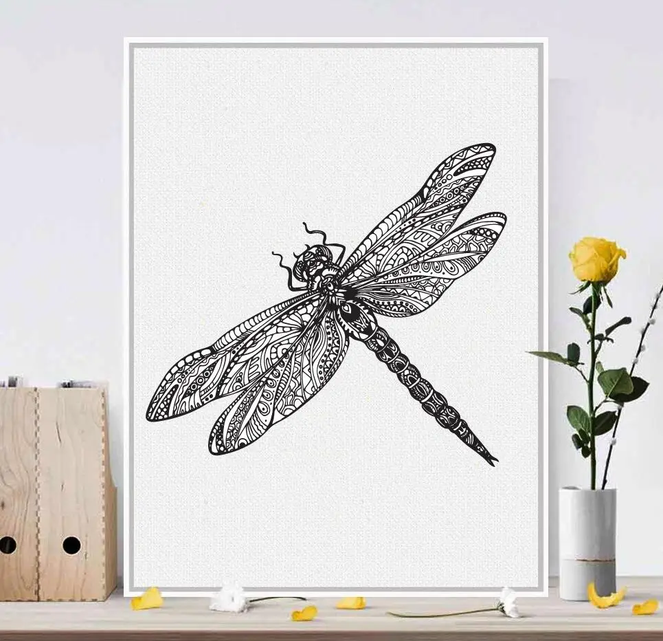 Современная черно белая стрекоза с животными ручная роспись на холсте постер