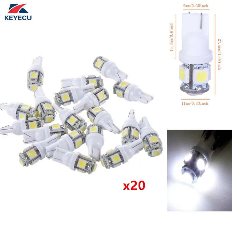 

KEYECU Упаковка из 20 белых 5050 5SMD T10 W5W 192 168 автомобильный внутренний купол парковки боковой сигнал поворота приборной панели номерного знака