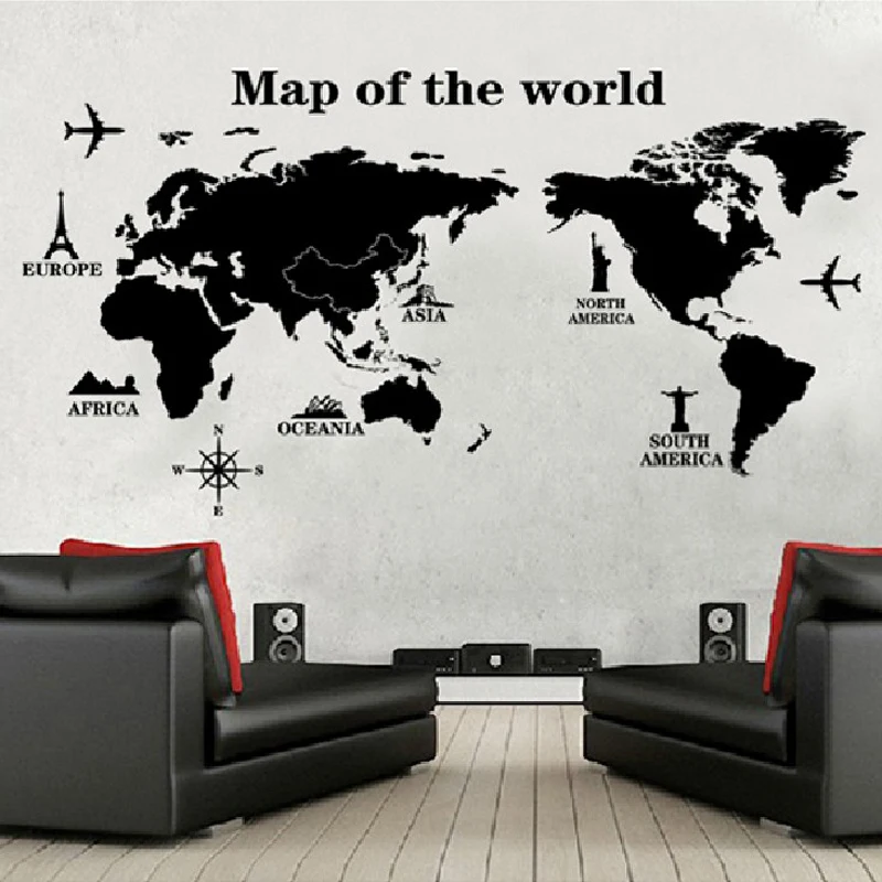 

3D black world map wall sticker removable pvc living room wall stiker home decoration furniture wall poster