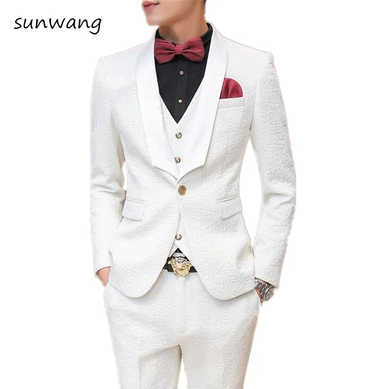 Мода на заказ мужской костюм Slim Fit Для мужчин s белые костюмы для свадебное платье одежда для вечеринки мужские костюмы для смокингов с Штаны 3 предмета в комплекте