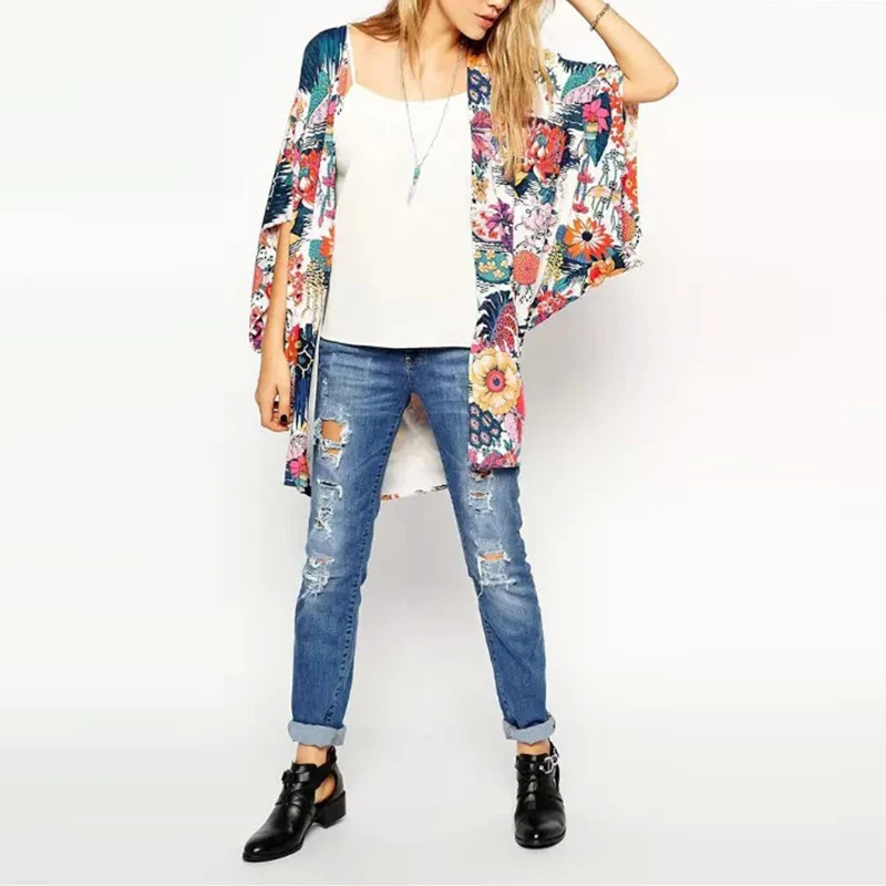 Singwing Women Summer Kimono Print Floral Blouses Loose Type Chiffon Kimonos Regular Printed bohemian Blouse | Женская одежда