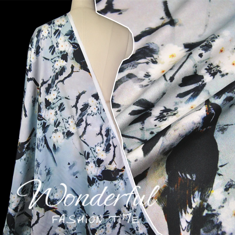 

LEO&LIN Digital Printing Chrysanthemum Birds Stretch Crepe Satin Plain Satin Dress Pajamas Spring Summer Fabrics 50cm