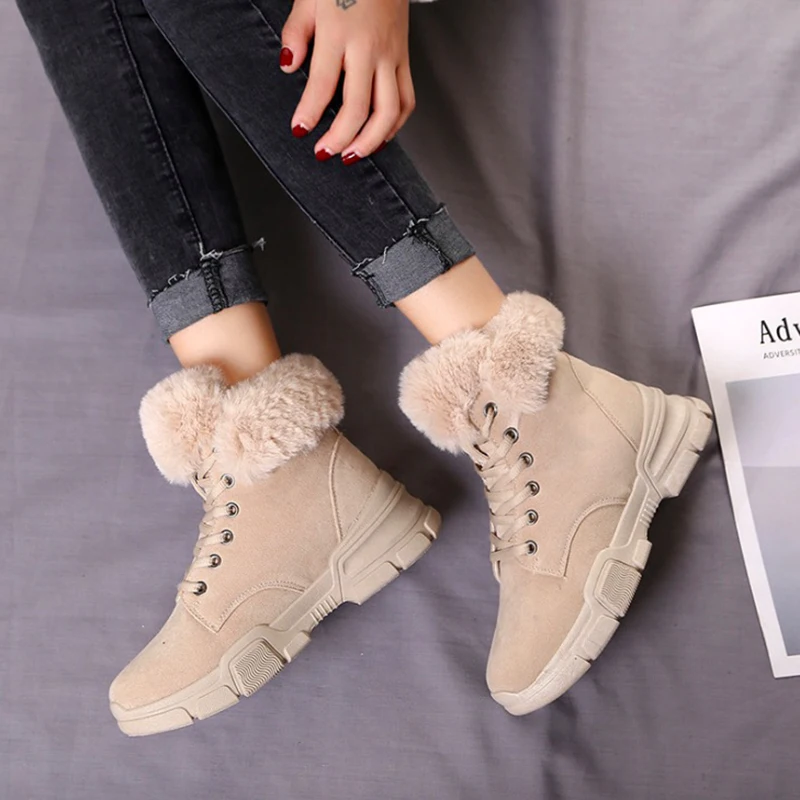 Women Boots Fashion Winter Breathable Flock Leather Flats Platform Martin Warm Fur Ankle | Обувь