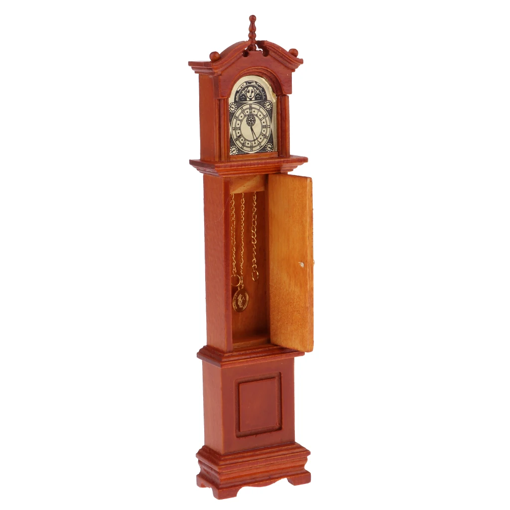 

1/12 Scale Vintage Annatto Grandfather Clock Miniature Dollhouse Living Room Furniture for Doll House Decor Accessory