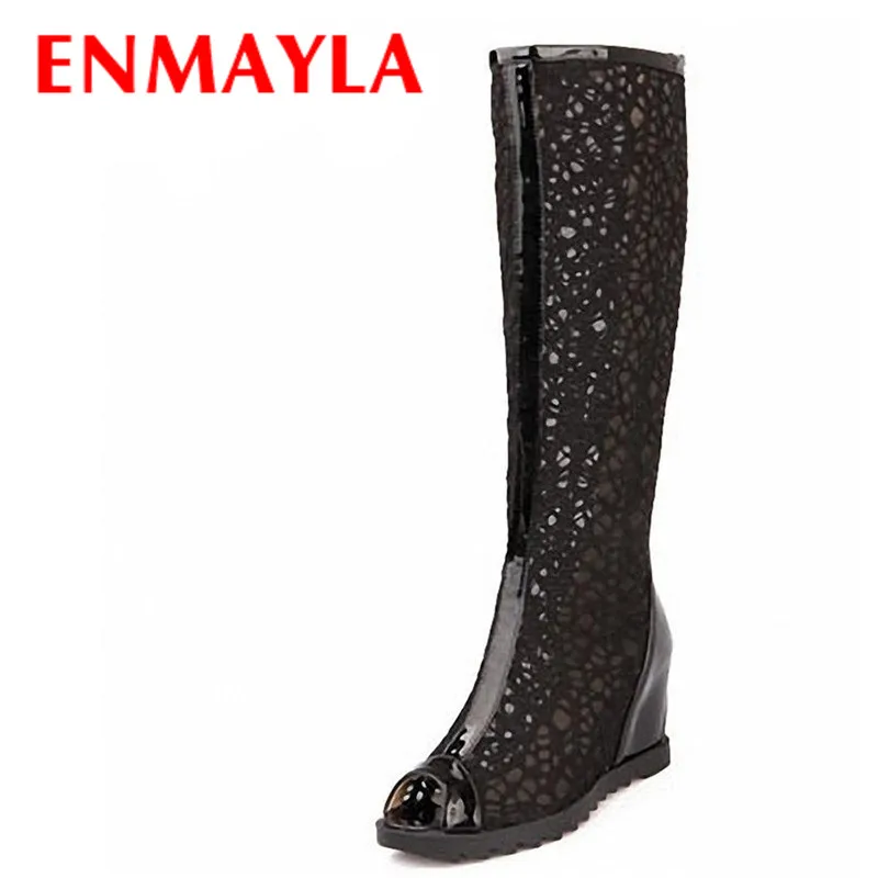 

ENMAYLA Black Beige White New Women's Cut-Outs Fashion Shoes PU Boots Knee-High Summer Boots Women Wedges Peep Toe Shoes Woman