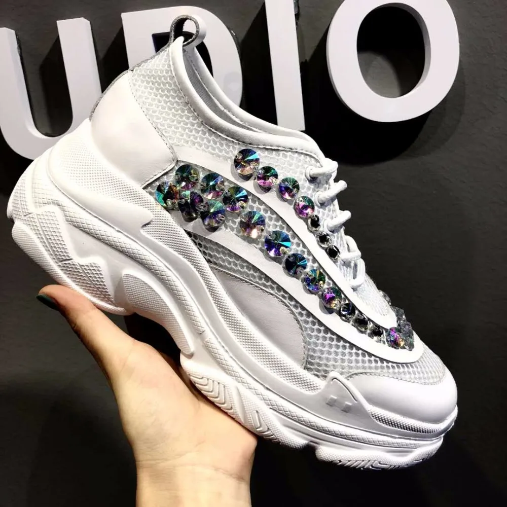 2018 Женская Осенняя обувь с круглым носком из сетчатого материала кожаная со