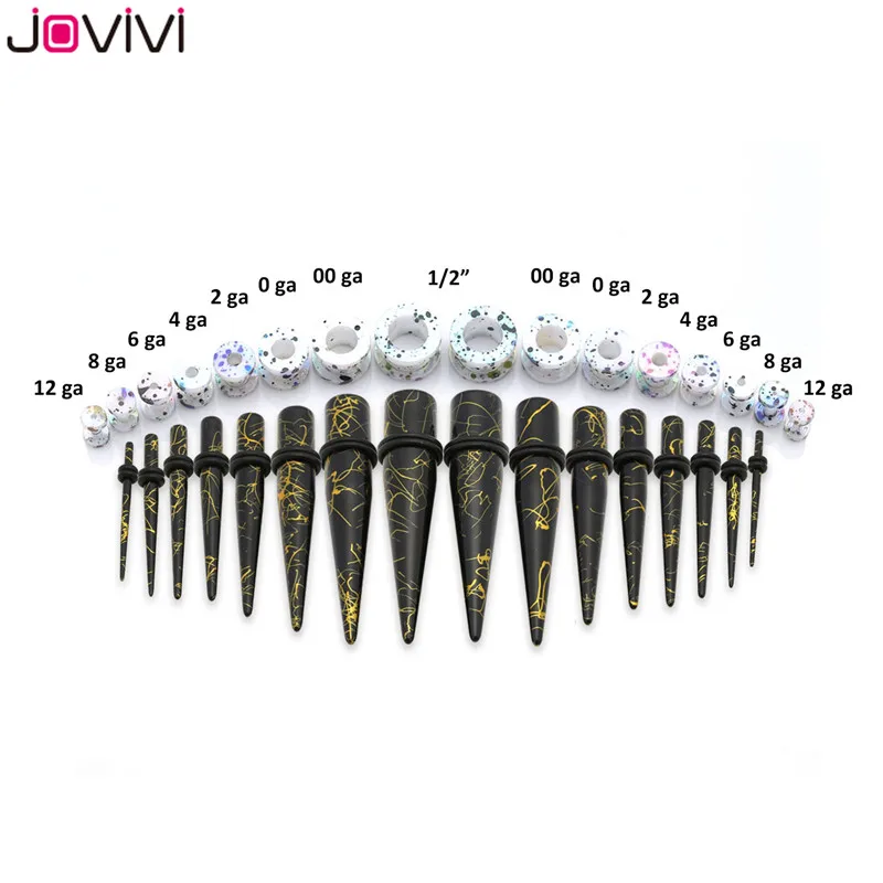 Jovivi, новинка, 32 шт., набор для растягивания ушей, золотая линия, акриловые уплотнительные кольца+ в горошек, полые пробки, тоннели, набор датчиков, пирсинг для тела
