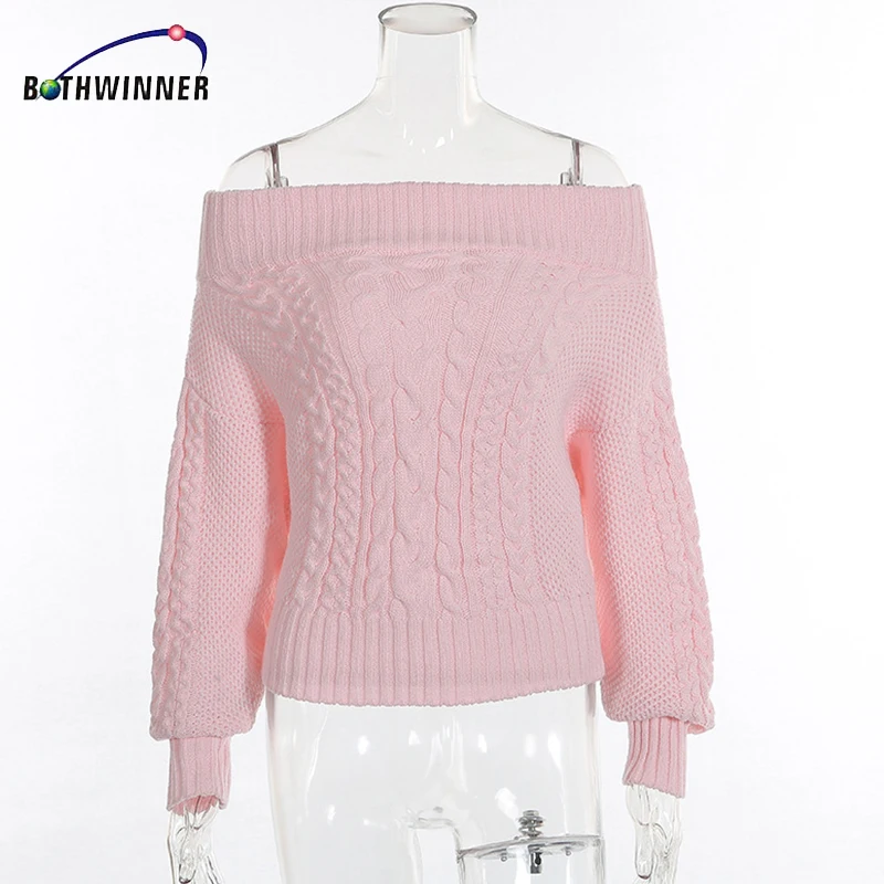 Bothwinner Women Casual Pullover Sweaters Ladies Autumn Blue Cable Knit Long Sleeve Off The Shoulder Oversized Sweater | Женская одежда