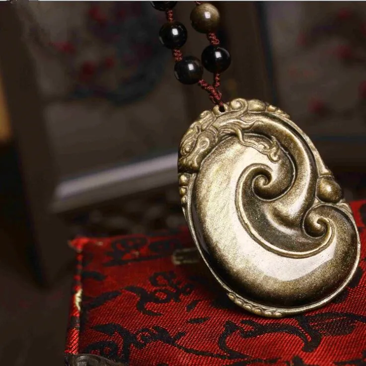 48x32mm Beautiful Natural Gold Obsidian Hand Carved Handmade Dragon RuYi Lucky Pendant + free Beads Necklace Fine Jewelry | Украшения и
