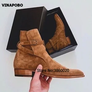 Мужские ботинки челси; Ковбойские кожаные ботильоны с пряжкой; Модные трендовые вечерние туфли на низком каблуке; Замшевые кожаные мужские ботинки