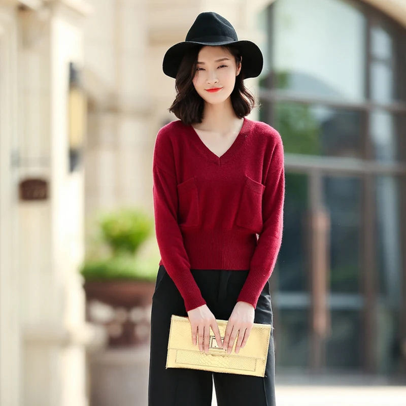 2017 чистый кашемир женский бордовый свитер с v-образным вырезом длинный рукав
